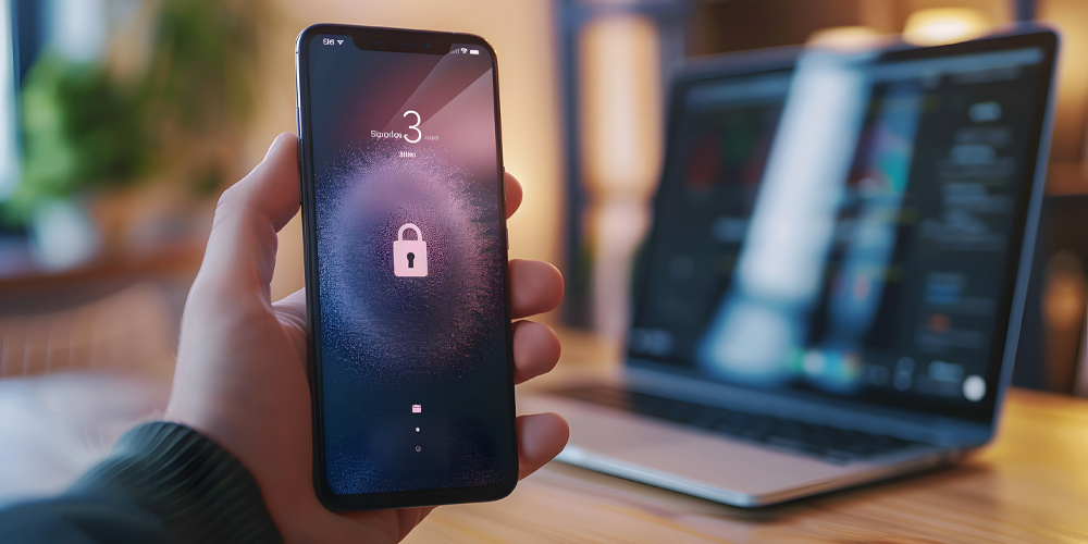 A person using a smartphone in a café, with a padlock icon overlaid to represent mobile security while using public Wi-Fi.